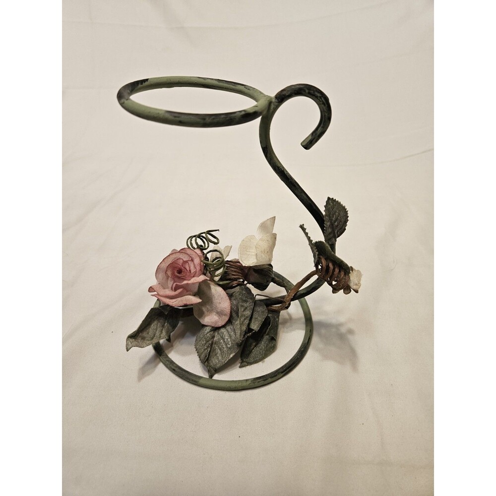 Vintage Wrought Iron Tea Light Stand Faux Flower 7" Tall Green Distressed Metal